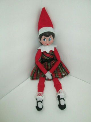 Elf On The Shelf 12 " Girl Doll In Plaid Dress Outfit Brunette Blue Eyes