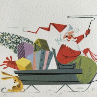Vintage Mid Century Christmas Greeting Card Santa Claus Reindeer Sleigh Mcm