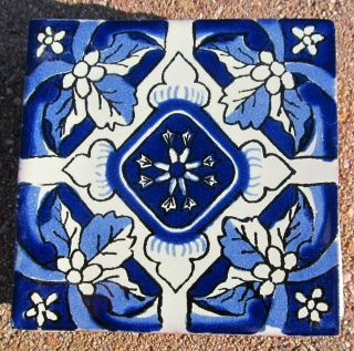 10 Talavera Mexican Pottery 4 " Tile Classic Cobalt Blue Creamy Off White Flower