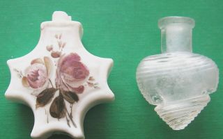 2 Antique Perfume Bottles Miniatures 1 Glass 1 China Hand Painted Flowers