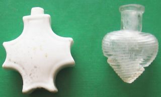 2 ANTIQUE PERFUME BOTTLES MINIATURES 1 GLASS 1 CHINA HAND PAINTED FLOWERS 4