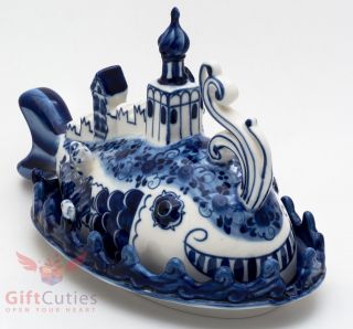 Gzhel Porcelain Butter Dish Маслёнка Server Plate Or Caviar Holder Hand - Painted