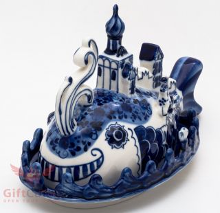 Gzhel Porcelain butter dish Маслёнка server plate or caviar holder Hand - painted 2