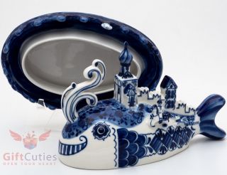 Gzhel Porcelain butter dish Маслёнка server plate or caviar holder Hand - painted 4
