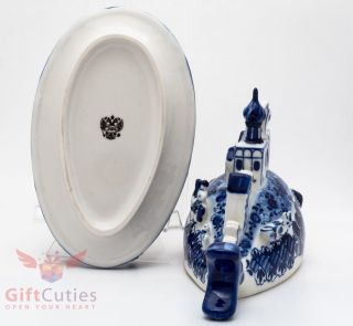 Gzhel Porcelain butter dish Маслёнка server plate or caviar holder Hand - painted 5