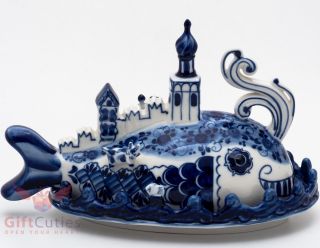 Gzhel Porcelain butter dish Маслёнка server plate or caviar holder Hand - painted 6
