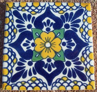 10 Talavera Mexican Pottery 4 " Tile Classic Escamilla Yellow Flower Green Blue