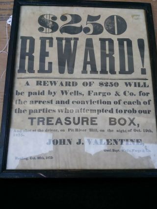 Wells Fargo John Valentine Treasure Box Wanted Poster Framed Antique 1875