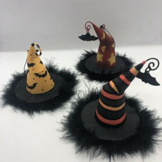 Halloween Witch Hat Ornaments 3 Glitter Trio 3.  5 Inches Feather Base Pier 1