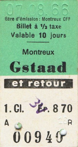 Railway Tickets Switzerland Montreux To Gstaad First Class Return 1966