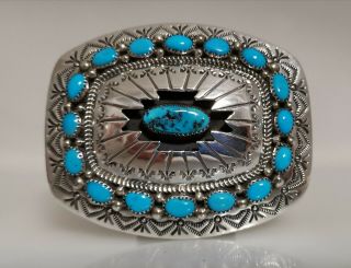 Belt Buckle Navajo Sterling Silver W/ Turquoise 3 " X 2 1/2 " 63.  0g