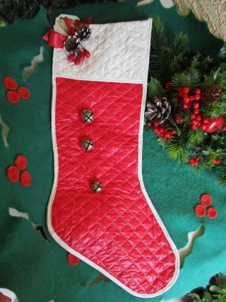 Vintage Vinyl Quilted Red & White & Silvertone Jingle Bells Christmas Stocking