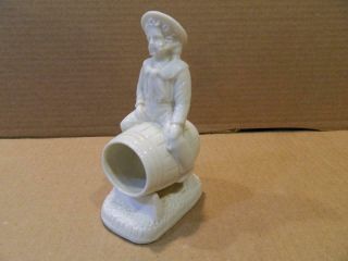 Rare Porcelain Match Holder Little Boy Seated On Barrel Antique