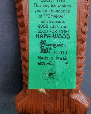 Coco Joe ' s Lucky Tiki Hapa Wood 3.  75” With Label Made in Hawaii Vintage 4