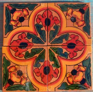 10 Talavera Mexican Pottery 4 " Tile Classic Primavea Four Make A Pattern Flowers