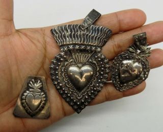 Antique Sacred Heart Jesus Ex Voto 3 Miracle 12 Grams Sterling Silver 925 F - 14