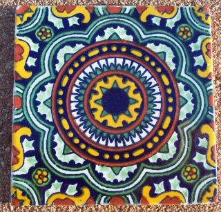 10 Talavera Mexican Pottery 4 " Tile Classic Royal Green Cobalt Blue Gold White