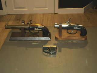 2 Vintage Derringer Gun Pistol Table Flint Lock Cigarette Lighter W/ Stand Rare