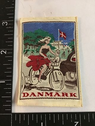 Vtg Danmark Denmark Bike Riding Woman Baby Travel Souvenir Sew - On Patch Badge
