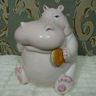 Vintage Fitz And Floyd Hippo Cookie Jar 1980 Ceramic Pink 9.  5 Inches Tall