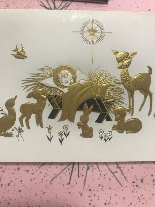 Vintage Christmas Card Gold Embossed Baby Jesus Animals Deer Fawn Bird Squirrel