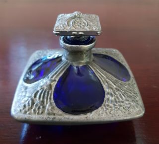 Vintage Art Nouveau Cobalt Bristol Blue Perfume Bottle Encased In Silver Metal