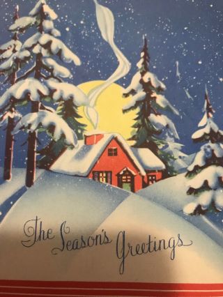 Vintage Christmas Card Art Deco Era Moonlight House Chimney Smoke Snowy Trees