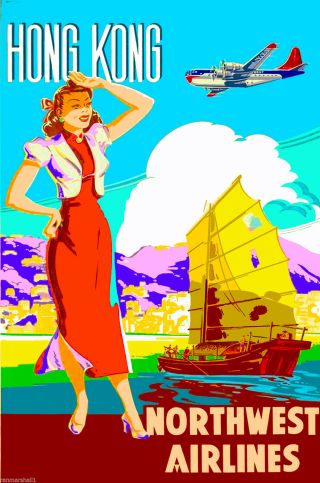 Hong Kong China Chinese By Airplane Vintage Travel Art Poster Advertisement