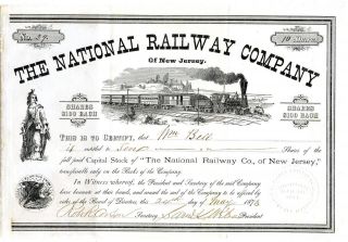 1873 National Railway Company Jersey Stock Certificate Railroad Us Mail Rr