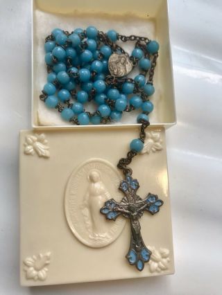 Antique Vtg 17.  5 " Blue Enamel Glass Bead Rosary Our Lady Of Fatima Rome Italy