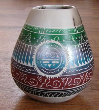 P.  Benally Navajo Horsehair Carved Pottery Vase Green Blue Purple Red Black