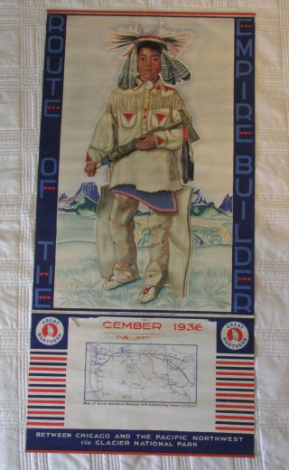 1936 Great Northern Railway Calendar W.  Reiss Native American Boy 33 "