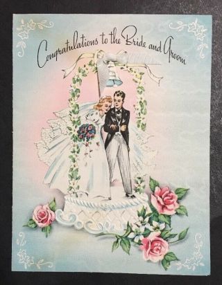 1940s Bride Groom Wedding Cake Topper Bow Vintage Greeting Card