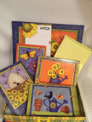 Seasons Sunflower 4 Design Blank Note Cards & Note Pad And Keepsake Box