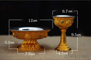 Gift To Buddhist Altar Use Gold Gilt 8 Treasures Double Holy Offer Grail Cup