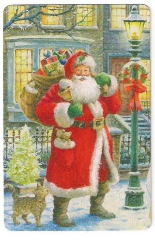 Deck Of Christmas Playing Cards,  Santa With Bag Of Toys At Street Light,  Cat