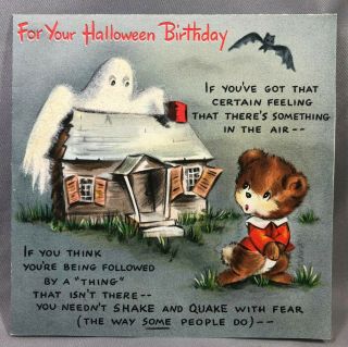 Halloween Birthday Card Teddy Bear Ghost Vintage Hallmark