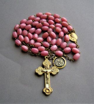 Rare Antique Rome Pink Glass Bead & Brass Rosary Terra Catacomb Relic 21 "