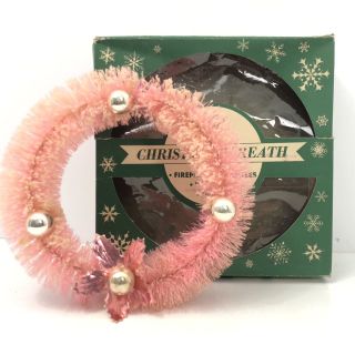 Pink Wreath Vintage Christmas Flocked Bottle Brush Mercury Glass Box 9”