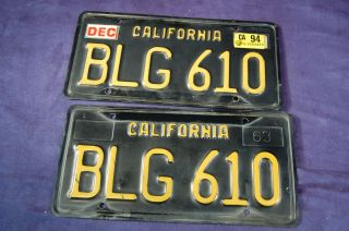 1963 California Black & Yellow License Plates Blg 610 Usa Ship