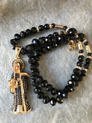 Handmade Holy Death Black Crystal Necklace Collar De Cristal Negro Santa Muerte