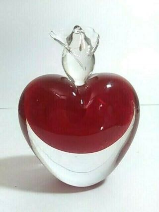 Vintage Hand Blown Glass Perfume Bottle Heart Shape Red Clear 3.  5 " Rose Stopper