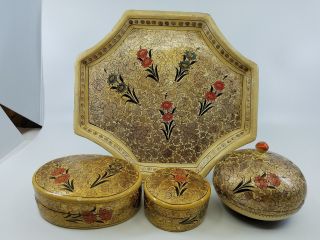Vintage Lovely Kashmir India Floral Handmade Paper Mache Set Of 3 Boxes & Tray