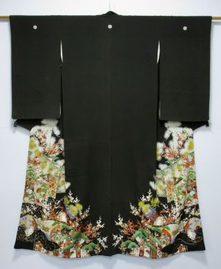 Japanese Kimono Silk Antique Tomesode / Gorgeous Flower / Embroidery /436