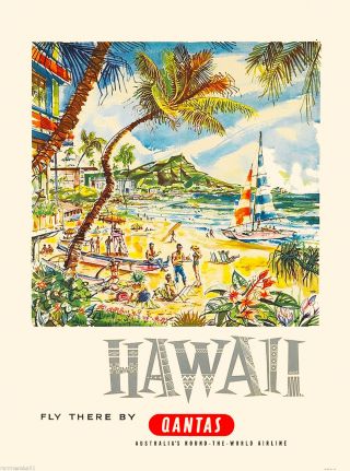 Hawaii Oahu Qantas United States America Vintage Travel Advertisement Poster