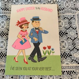 Vintage Greeting Card Easter Husband Couple Retro Dressed Up
