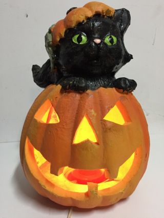 Vintage Foam Halloween Blow Mold Light Up Pumpkin Black Cat
