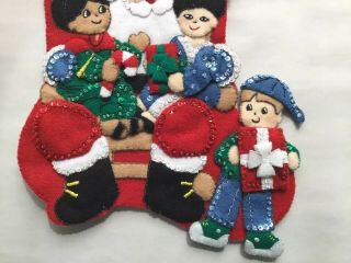Finished Completed Christmas Stocking Felt Sequin Children On Santas Lap vtg 3