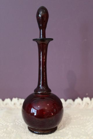 Vintage Ruby Red Hand Blown Glass Perfume Bottle With Stopper