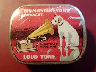 With Needles,  His Masters Voice Loud Tone Vintage Antique Gramophone Tin Box